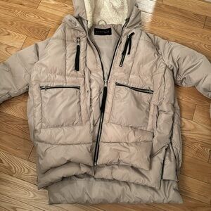 Women’s Puffer Coat with Faux Sherpa Lined Hood cream/tan